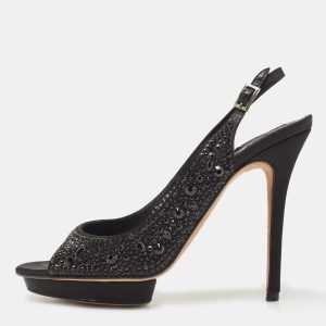 Gina Black Crystal Embellished Satin Slingback Sandals Size 38.5, Sandals - Luxury Closet