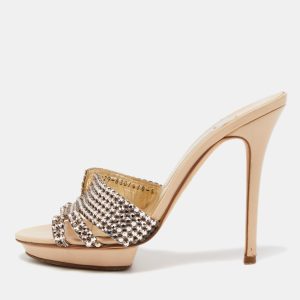 Gina Beige Leather and Crystal Embellished Slides Size 38, Sandals - Luxury Closet
