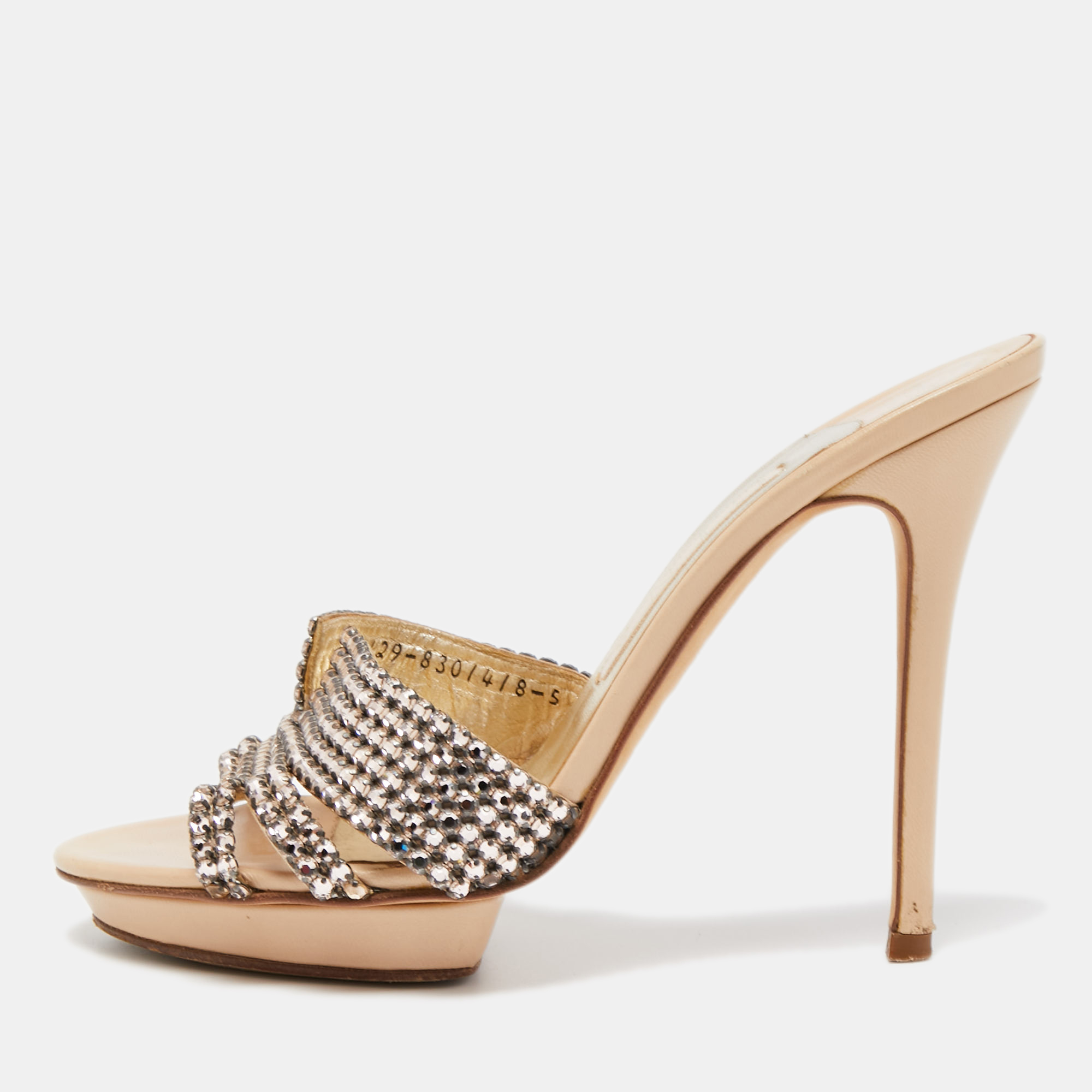 Gina Beige Leather and Crystal Embellished Slides Size 38, Sandals - Luxury Closet
