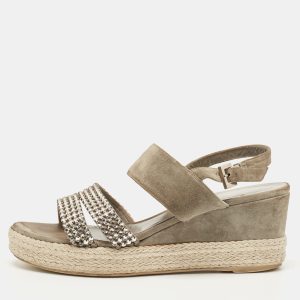Gina Grey Suede Crystal Embellished Open Toe Espadrille Sandals Size 38, Sandals - Luxury Closet