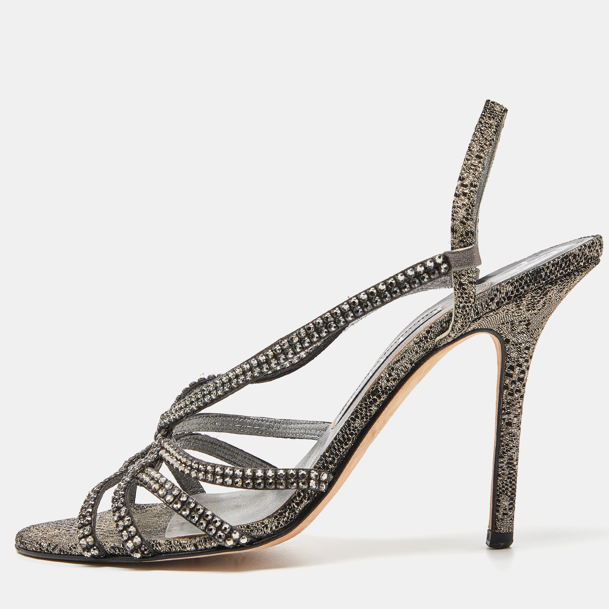 Gina Two Tone Crystal Embellished Embroidered Fabric Slingback Sandals Size 38.5, Sandals - Luxury Closet
