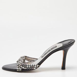 Gina Silver/Black Crystal Embellished Leather Slide Sandals Size 38, Sandals - Luxury Closet
