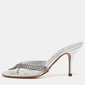 Gina Silver Crystal Embellished Leather Thong Sandals Size 37, Sandals - Luxury Closet