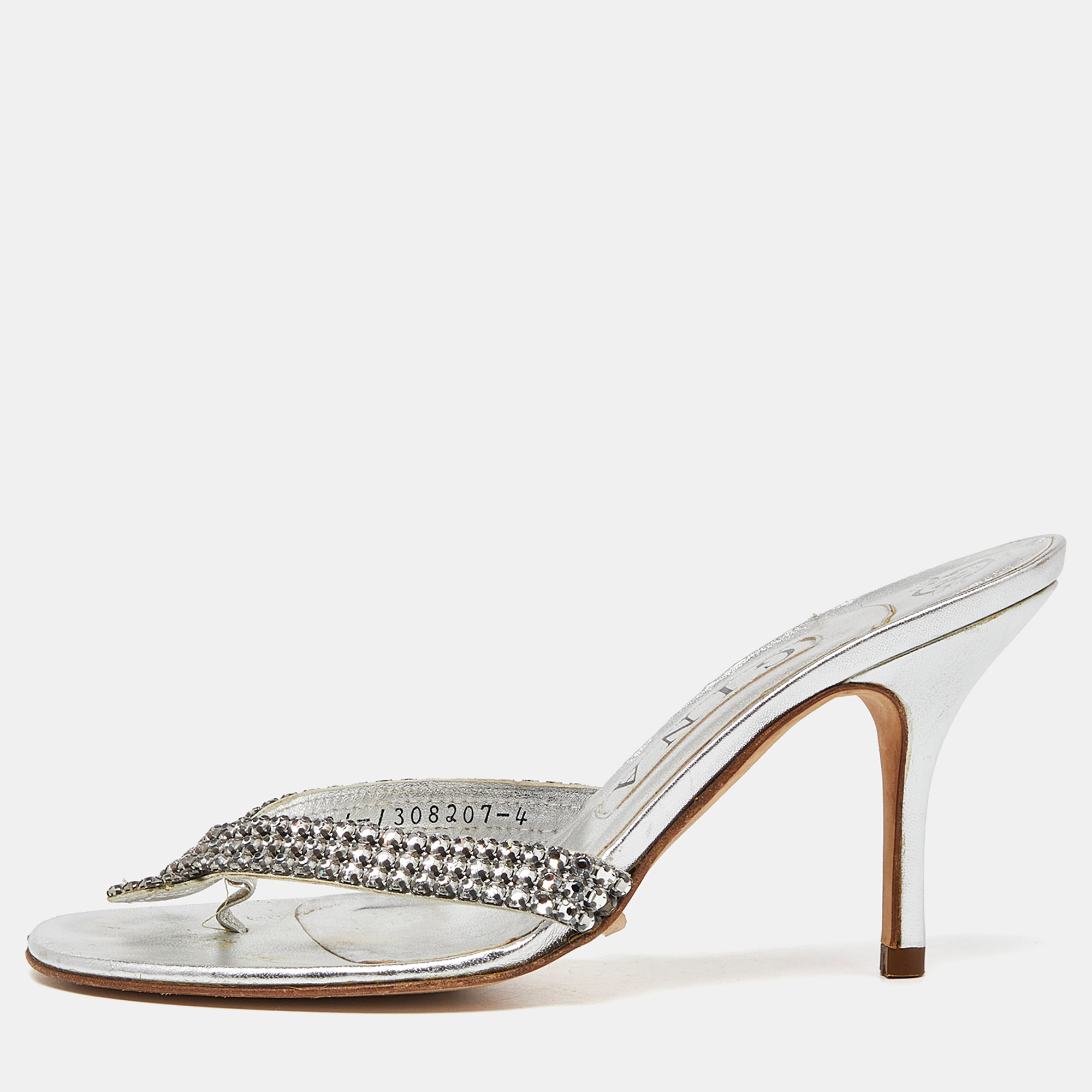 Gina Silver Crystal Embellished Leather Thong Sandals Size 37, Sandals - Luxury Closet