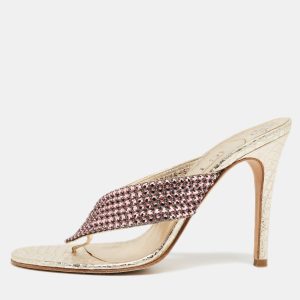 Gina Gold Leather Crystal Embellished Thong Sandals Size 38, Sandals - Luxury Closet