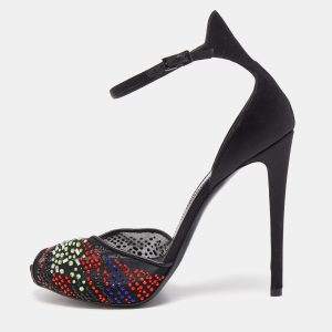 Giorgio Armani Black Satin and Mesh Crystals Ankle Strap Sandals Size 40, Sandals - Luxury Closet
