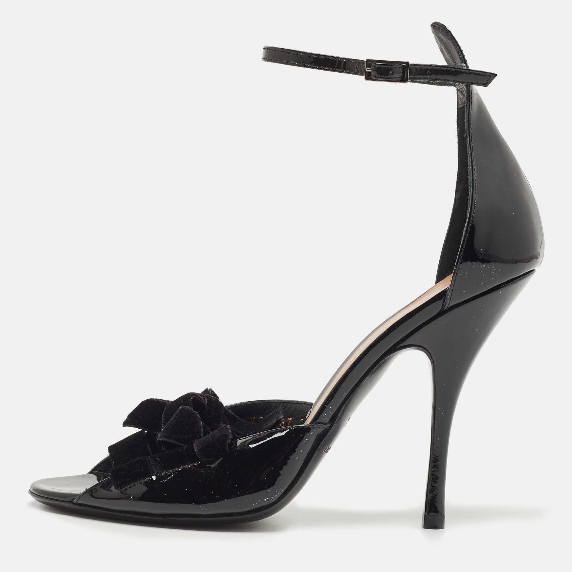 Giorgio Armani Black Velvet and Patent Leather Ankle Strap Sandals Size 39, Sandals - Luxury Closet
