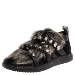 Giuseppe Zanotti Black Suede and Fur Christie Crystal Embellished Slip On Sneakers Size 39, Athletic Shoes & Sneakers - Luxury Closet