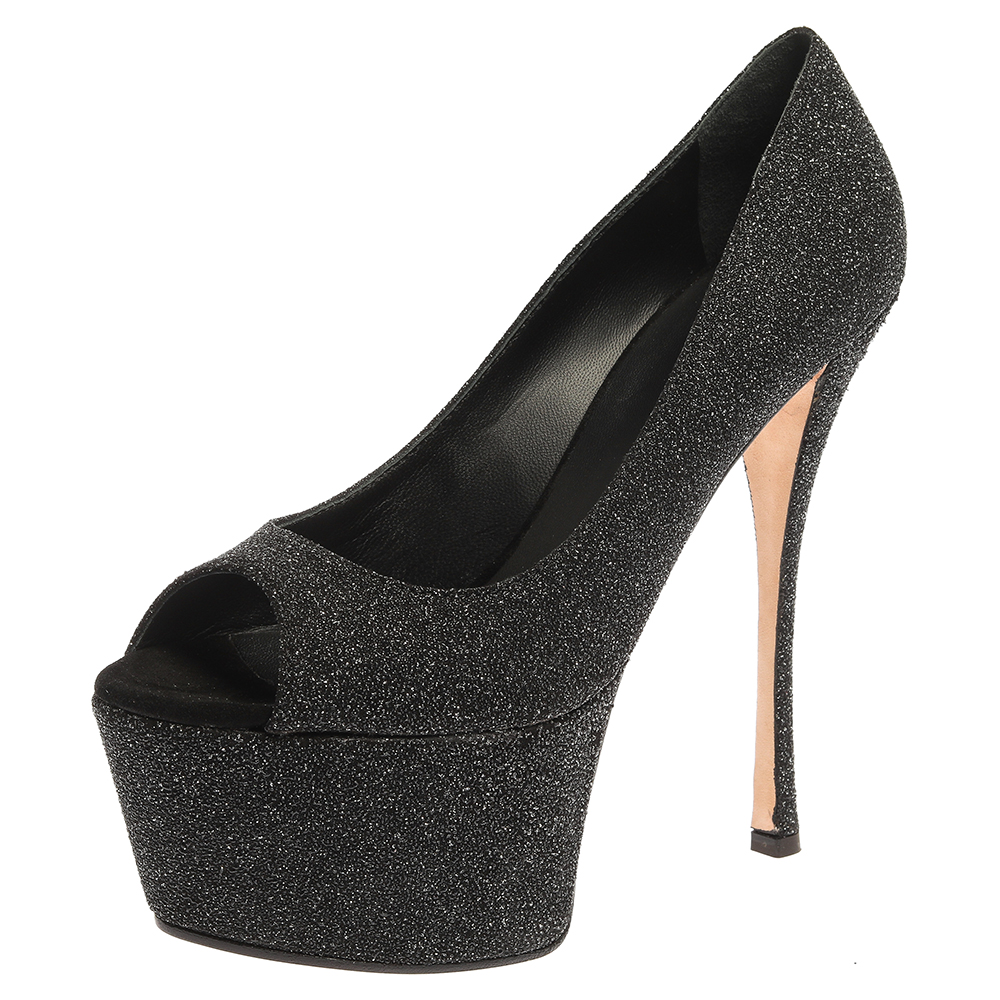 Giuseppe Zanotti Black Glittered Suede Open Toe Platform Pumps Size 39, Pumps - Luxury Closet
