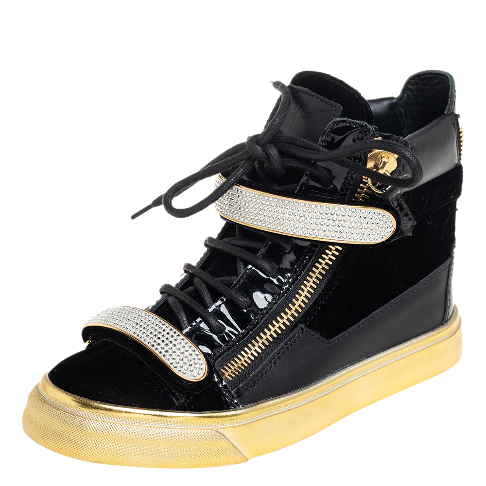 Giuseppe Zanotti Black Patent Leather and Velvet Crystal Strap High Top Sneakers Size 35, Athletic Shoes & Sneakers - Luxury Closet