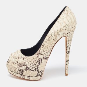 Giuseppe Zanotti Cream/Brown Python Embossed Leather Peep Toe Pumps Size 40, Pumps - Luxury Closet catalog