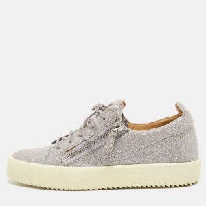 Giuseppe Zanotti Metallic Grey Suede Double Zip Low Top Sneakers Size 41, Athletic Shoes & Sneakers - Luxury Closet