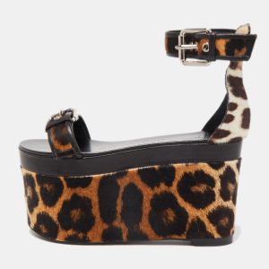 Giuseppe Zanotti Brown Leather and Calf Hair Leopard Ankle Strap Platform Sandals Size 37, Sandals - Luxury Closet