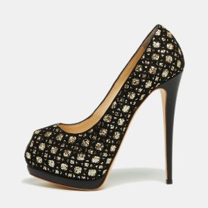 Giuseppe Zanotti Size 41 Black Glitter, Leather and Mesh Peep Toe Pumps, Pumps - Luxury Closet