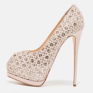 Giuseppe Zanotti Pink Glitter Lace and Leather Sharon Platform Peep Toe Pumps Size 41, Pumps - Luxury Closet