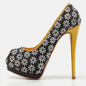 Giuseppe Zanotti Black/White Embroidered Canvas Sharon Peep Toe Pumps Size 37.5, Pumps - Luxury Closet catalog