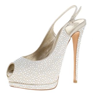Giuseppe Zanotti Beige Suede Crystal Embellished Peep Toe Platform Slingback Sandals Size 40, Sandals - Luxury Closet