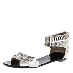Giuseppe Zanotti White Leather Studded Ankle Cuff Zipper Flats Size 36, Sandals - Luxury Closet