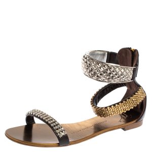 Giuseppe Zanotti Brown Leather Crystal Embellished Ankle Cuff Flat Sandals Size 36, Sandals - Luxury Closet