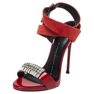 Giuseppe Zanotti Red Suede And Patent Leather Embellished Sandals Size 36, Sandals - Luxury Closet