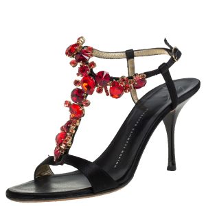 Giuseppe Zanotti Black Satin Crystal Embellished Ankle Strap Sandals Size 38, Sandals - Luxury Closet