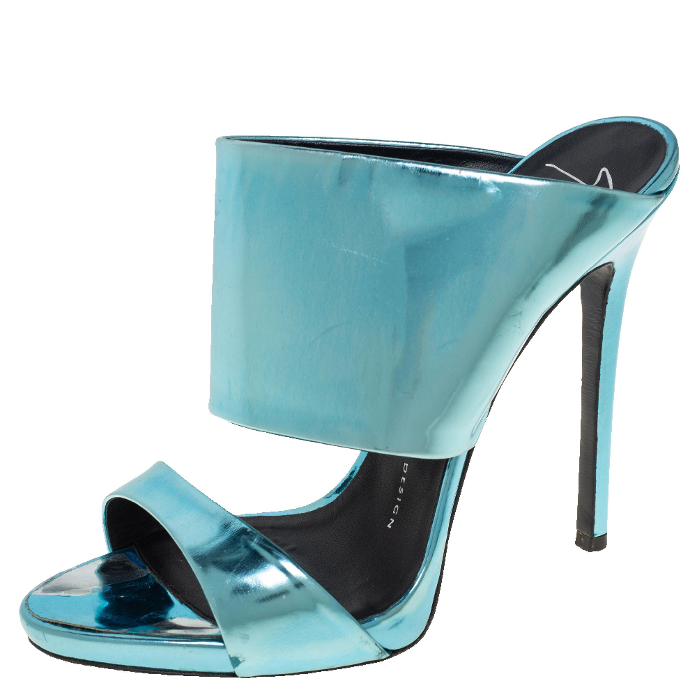 Giuseppe Zanotti Metallic Blue Leather Wide Strap Sandals Size 37.5, Sandals - Luxury Closet
