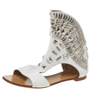 Giuseppe Zanotti White Leather Bootie Napa Blanco Flat Sandals Size 38, Sandals - Luxury Closet