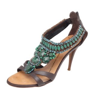 Giuseppe Zanotti Brown Leather Crystal Embellished Ankle Strap Sandals Size 35, Sandals - Luxury Closet