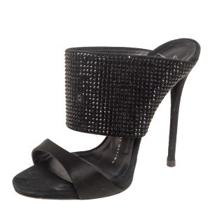 Giuseppe Zanotti Black Satin And Crystal Embellished Suede Open Toe Sandals Size 36, Sandals - Luxury Closet