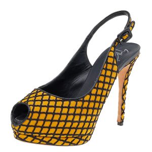 Giuseppe Zanotti Yellow/Black Suede And Fabric Platform Peep Toe Slingback Sandals Size 38.5, Sandals - Luxury Closet