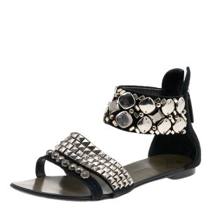 Giuseppe Zanotti Black Suede Studded Ankle Cuff Flat Sandals Size 36, Sandals - Luxury Closet