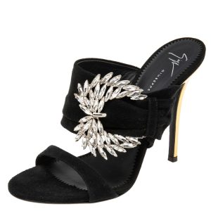 Giuseppe Zanotti Black Suede Crystal Embellished Wing Buckle Slide Sandals Size 37.5, Sandals - Luxury Closet