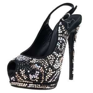 Giuseppe Zanotti Black Suede Crystal Embellished Sharon Peep Toe Platform Sandals Size 36, Sandals - Luxury Closet