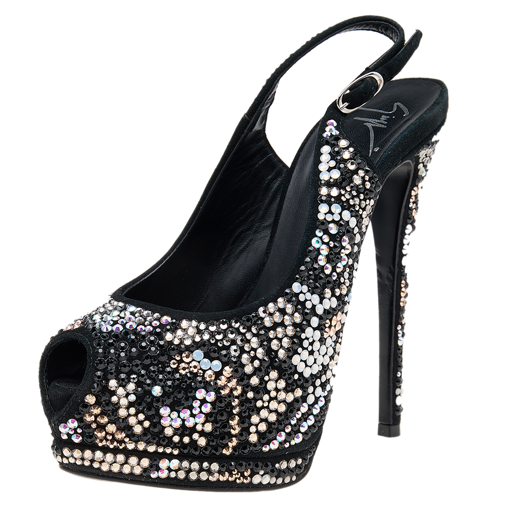 Giuseppe Zanotti Black Suede Crystal Embellished Sharon Peep Toe Platform Sandals Size 36, Sandals - Luxury Closet