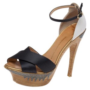 Giuseppe Zanotti Tri-Color Satin and Leather Embellished Platform and Heel Ankle Strap Sandals Size 40, Sandals - Luxury Closet