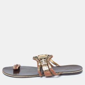 Giuseppe Zanotti Brown Leather Embellished Flat Sandals Size 39, Sandals - Luxury Closet