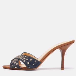 Giuseppe Zanotti Blue Denim and Tan Leather Studded Slide Sandals Size 40, Sandals - Luxury Closet