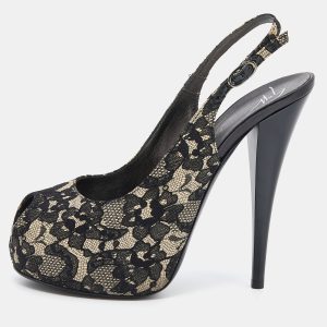 Giuseppe Zanotti Black Lace Peep Toe Slingback Platform Sandals Size 38.5, Sandals - Luxury Closet