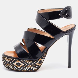 Giuseppe Zanotti Black Patent Leather Woven Platform Ankle Strap Sandals Size 37, Sandals - Luxury Closet