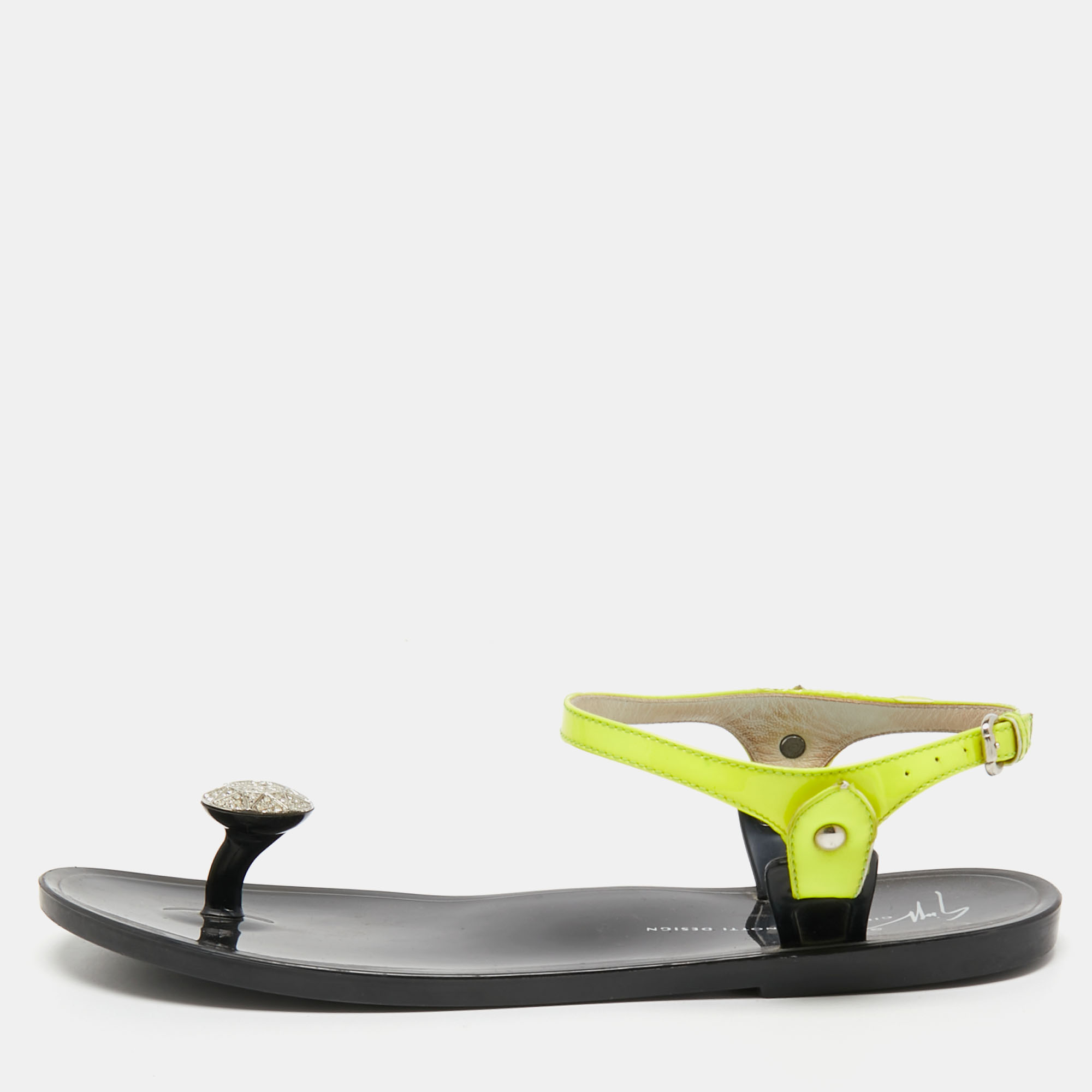 Giuseppe Zanotti Neon Yellow Patent Leather Crystal Embellished Toe Ring Ankle Strap Sandals Size 38, Sandals - Luxury Closet