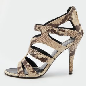 Giuseppe Zanotti Off White/Brown Python Embossed Leather Strappy Sandals Size 38, Sandals - Luxury Closet