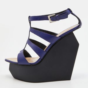 Giuseppe Zanotti Blue Leather Caged Strappy Platform Wedge Sandals Size 39, Sandals - Luxury Closet