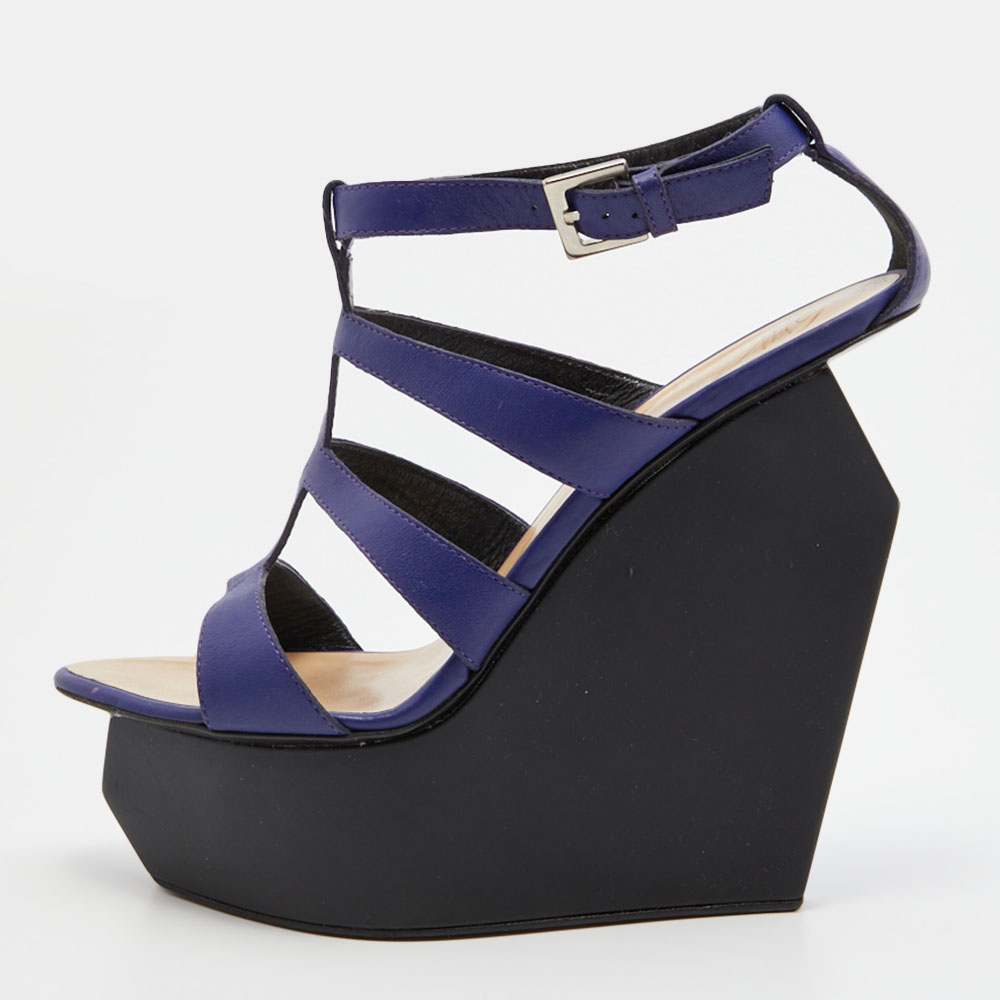 Giuseppe Zanotti Blue Leather Caged Strappy Platform Wedge Sandals Size 39, Sandals - Luxury Closet