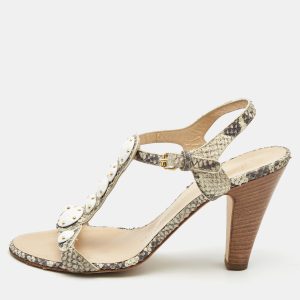 Giuseppe Zanotti Beige/Grey Python Embossed Ankle Strap Sandals Size 38.5, Sandals - Luxury Closet