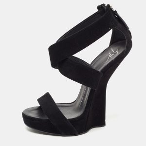 Giuseppe Zanotti Black Suede Ankle Wrap Wedge Sandals Size 37.5, Sandals - Luxury Closet