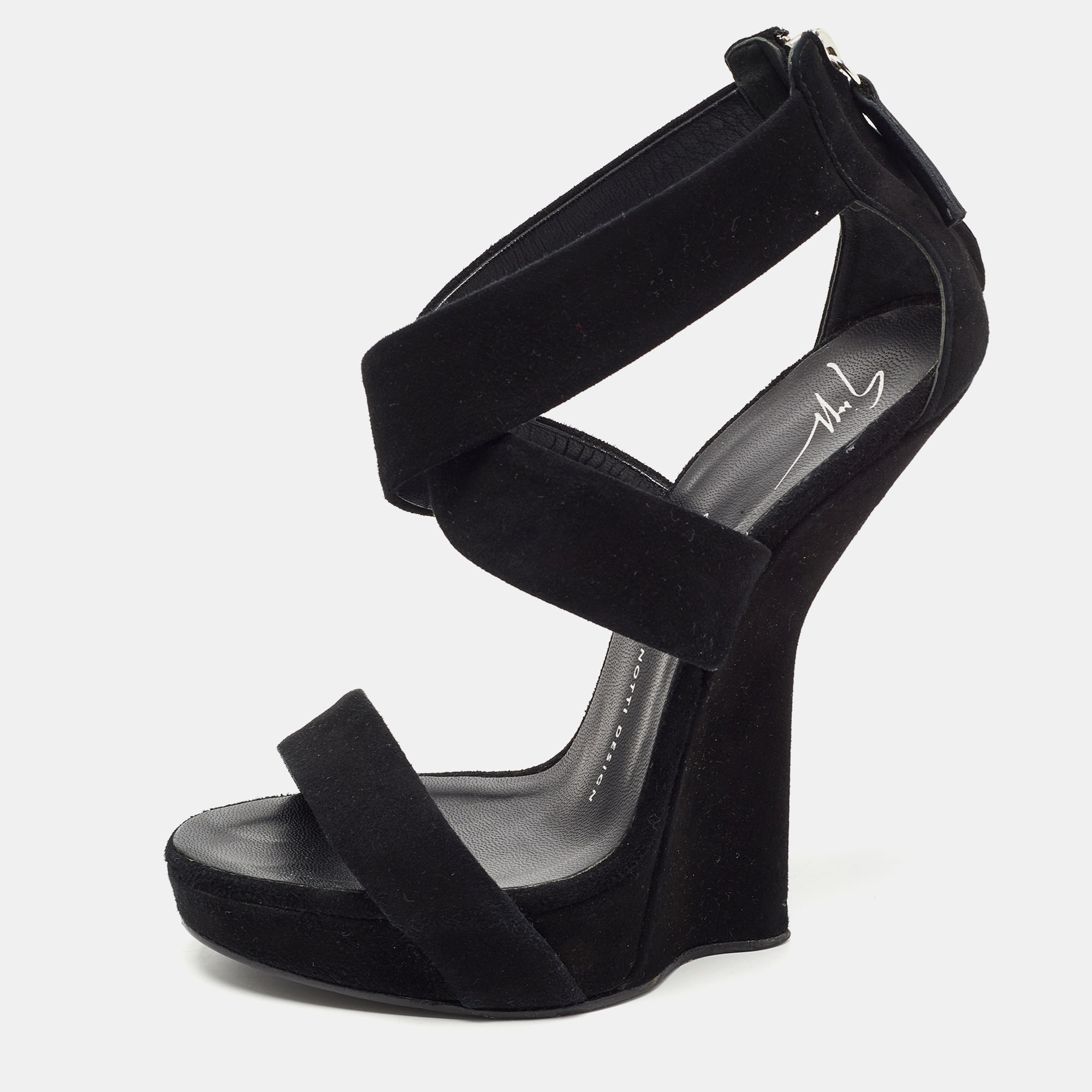 Giuseppe Zanotti Black Suede Ankle Wrap Wedge Sandals Size 37.5, Sandals - Luxury Closet