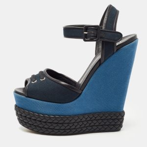 Giuseppe Zanotti Navy Blue/Black Canvas and Leather Ankle Strap Wedge Sandals Size 40, Sandals - Luxury Closet
