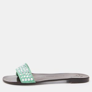 Giuseppe Zanotti Green Suede Leather Crystal Embellished Flat Slides Size 36.5, Sandals - Luxury Closet