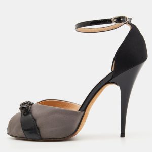 Giuseppe Zanotti Grey/Black Satin and Patent Leather Crystal Embellished Ankle Strap Sandals Size 37.5, Sandals - Luxury Closet
