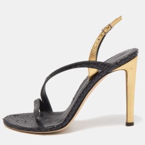 Giuseppe Zanotti Black/Gold Python Embossed and Leather Slingback Sandals Size 37, Sandals - Luxury Closet